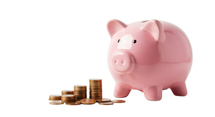 Pink piggy bank and stacked coins on a white surface.