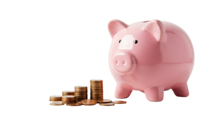 Pink piggy bank and stacked coins on a white surface.