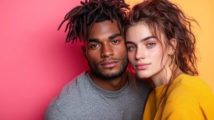 A captivating image of a young couple posing closely against a vibrant pink and yellow background, showcasing modern relationships filled with intimacy and charm.