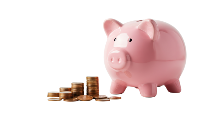 Pink piggy bank and stacked coins on a white surface. - Powered by Adobe