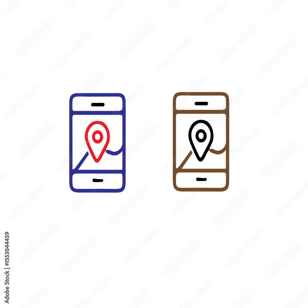 Poster two smartphone icons displaying location pins with paths in different colors