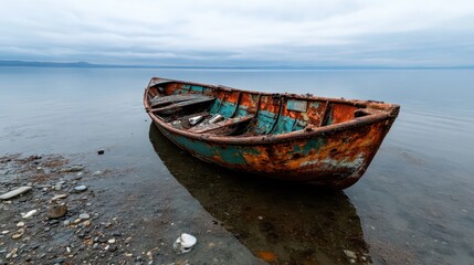 Obraz premium A weathered, rusty boat lies on the still water's edge, reflecting a moody sky, evoking feelings of nostalgia and the passage of time in a serene natural setting.