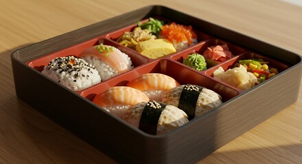 Sunlit Bento Box: A Delicious Array of Sushi and Japanese Delights