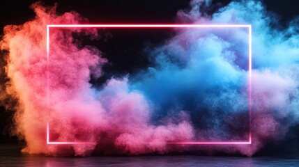 A captivating image of colorful smoke clouds illuminated with a neon frame, creating a vibrant atmosphere that evokes feelings of mystery and creativity.