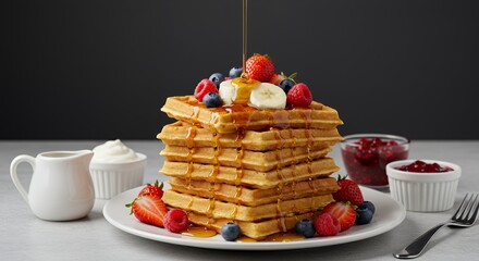 Golden Waffles Topped with Berries and a Drizzle of Maple Syrup