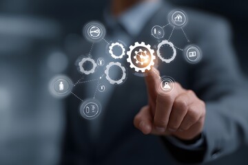 Businessman Touching Futuristic Gear Technology Interface.