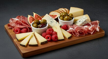 Indulge in this gourmet charcuterie board featuring artisanal cheeses, cured meats, and fresh fruit.