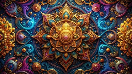 Intricate golden lotus flower design radiating from center of colorful, ornate mandala. - Powered by Adobe