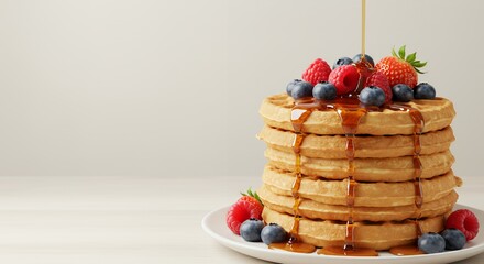 Golden Waffles Topped with Berries and Drizzled Syrup ? A Delicious Breakfast Delight