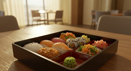 Sunlit Sushi Bento Box: A Delicious Japanese Meal in a Modern Setting