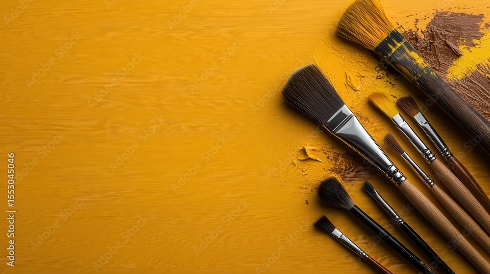 Poster an array of paintbrushes lay on a vibrant yellow surface coated with paint, symbolizing creativity, 