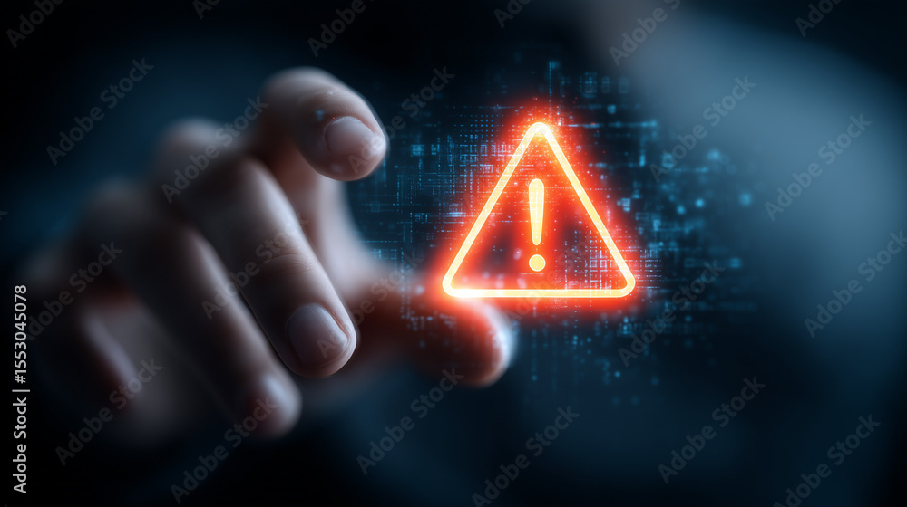 Poster system warning alert on virtual interface with hand interaction. concept of cybersecurity risk, data