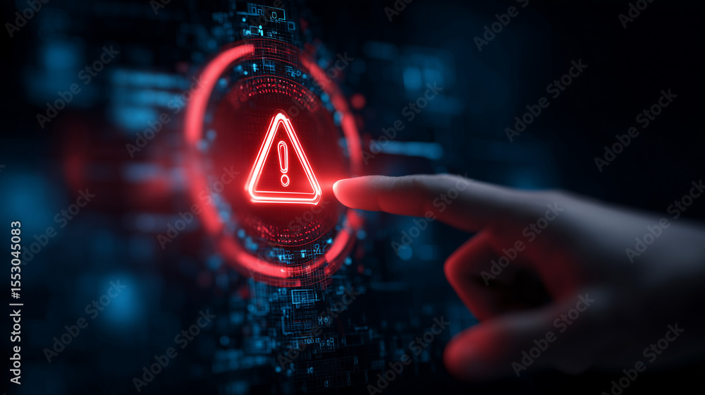 Poster system warning alert on virtual interface with hand interaction. concept of cybersecurity risk, data