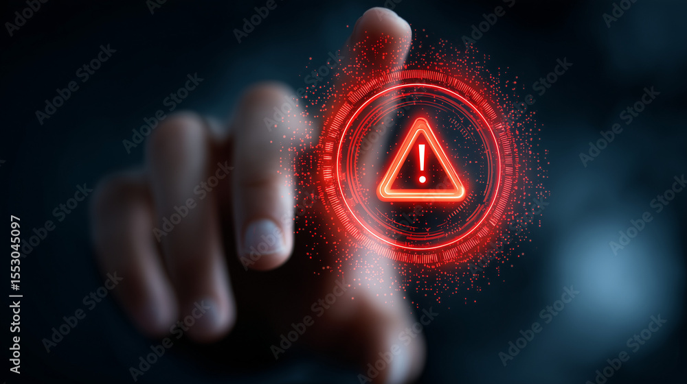 Poster system warning alert on virtual interface with hand interaction. concept of cybersecurity risk, data