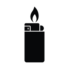 Black silhouette of a lighter with flame on white background