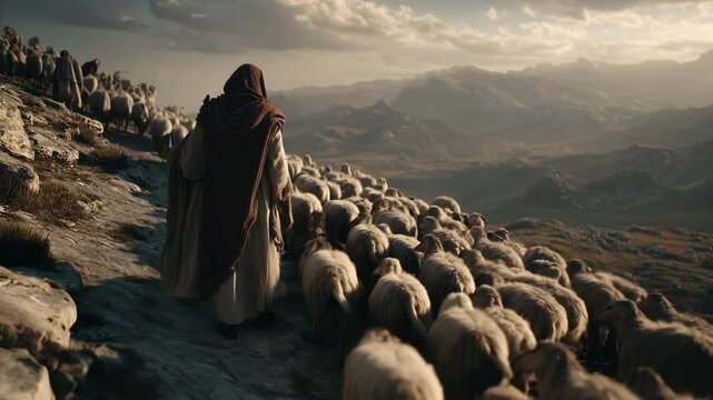 Photorealistic scene of Jesus the shepherd from behind guiding sheep through a mountainous landscape. Inspired by biblical references, particularly the parable of the sheep and goats.