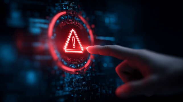 System warning alert on virtual interface with hand interaction. Concept of cybersecurity risk, data breach, malware, hacking, IT failure, and digital system vulnerability in modern technology