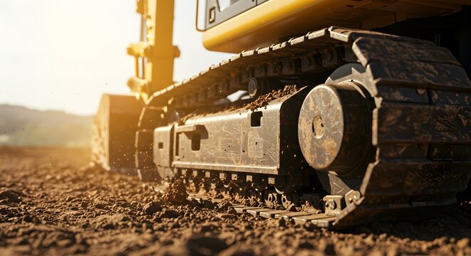 Excavator tracks move slowly across the rough dusty ground of a busy construction site as the bright morning sun shines in the background.