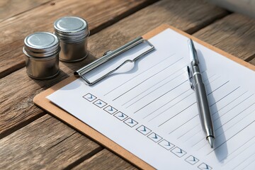 Checklist on Clipboard with Pen and Jars.