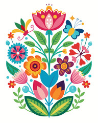 Colorful floral design with symmetrical botanical elements creates a vibrant, decorative graphic with folk art appeal, ideal for various creative projects.
