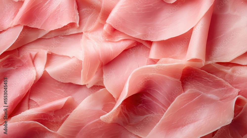 Poster a detailed close-up view of delicate pink ham slices, presenting their smooth texture and appealing 