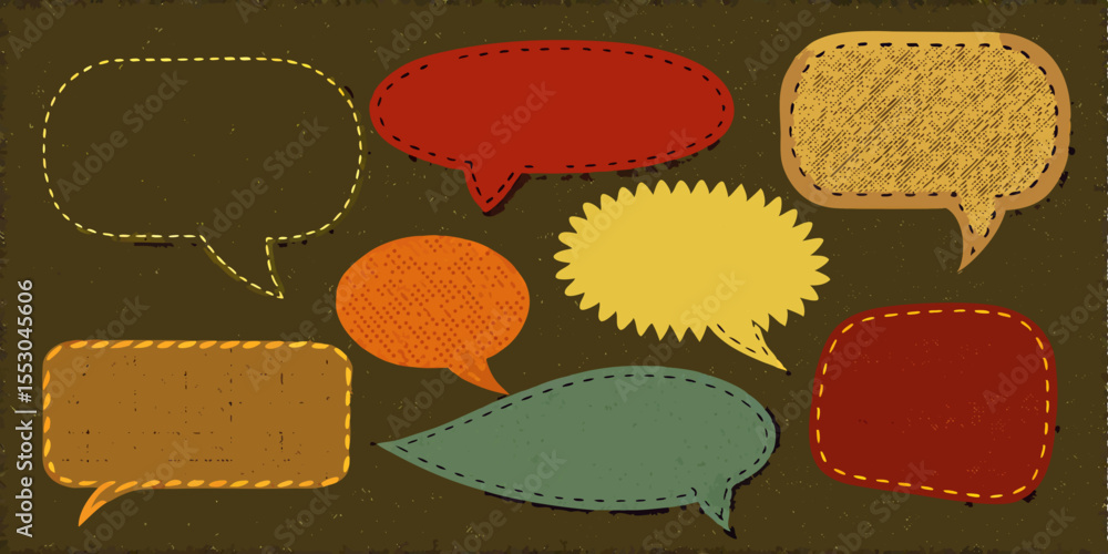 Poster unique colorful speech bubbles in a textured style, ideal for adding retro conversational elements t