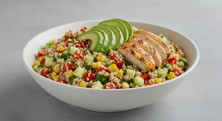 Savor the vibrant flavors of this healthy quinoa salad, topped with grilled chicken and fresh avocado.