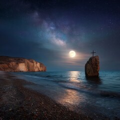 A mesmerizing nightscape featuring the moon, a cross, and the sea, evoking a sense of peace and spiritual contemplation