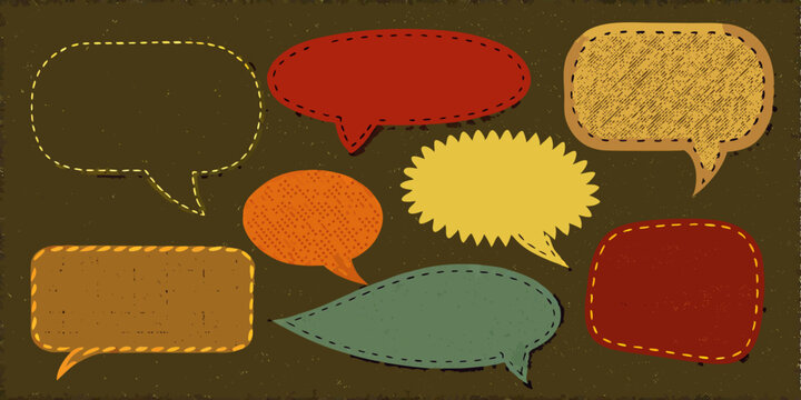 Unique colorful speech bubbles in a textured style, ideal for adding retro conversational elements to presentations, websites, or social media.