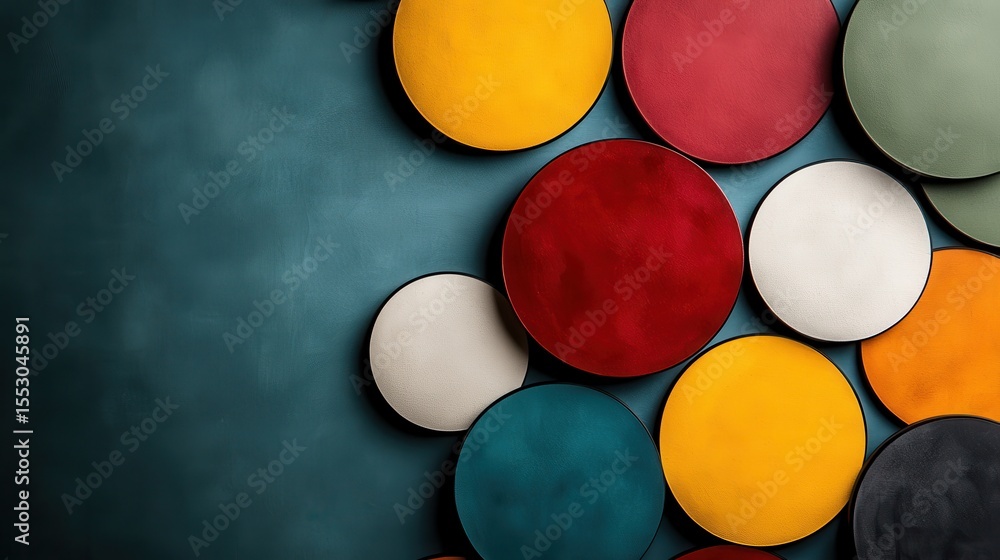 Poster this image showcases a dynamic arrangement of colorful circular shapes against a textured background
