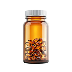 Amber bottle of omega 3 fish oil capsules vitamins for health wellness on transparent background