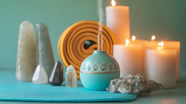 Serene Teal Aromatherapy Diffuser with Crystals and Candles
