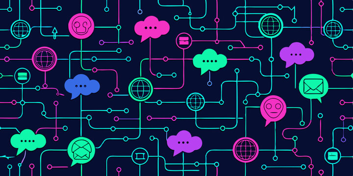 Abstract network design showcases interconnected icons with vibrant colors, perfect for tech companies or communication platforms emphasizing global reach and digital connectivity.