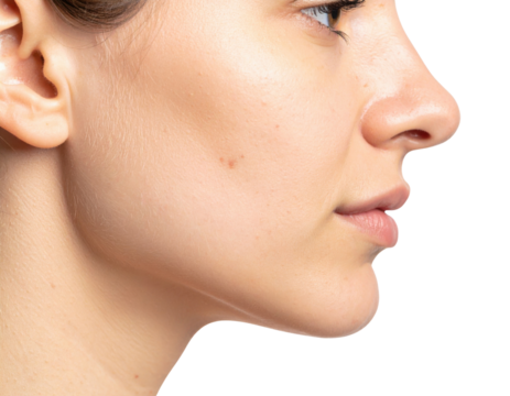 Close-up profile of a woman's face showcasing clear, smooth skin with natural makeup against a black background.
