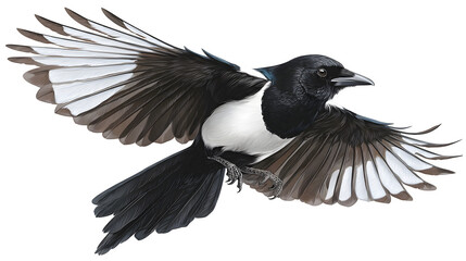 Fototapeta premium Magpie flying with a cricket in beak, feathers detailed, clean white isolation
