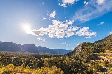 Grampians National Park viewed towards Halls Gap from Lake Bellfield lookout on a bright day,...