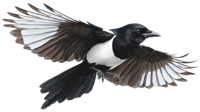 Magpie flying with a cricket in beak, feathers detailed, clean white isolation