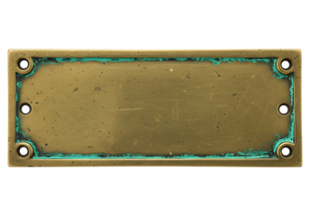 Distressed brass plate with verdigris border offers a vintage or industrial design element, adding character and texture to any creative project.