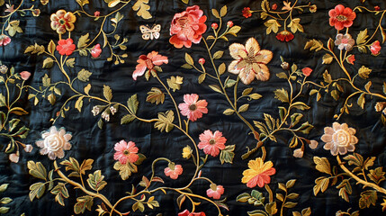 Patterned brocade textile with metallic thread and floral embroidery.