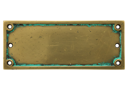 Distressed brass plate with verdigris border offers a vintage or industrial design element, adding character and texture to any creative project.