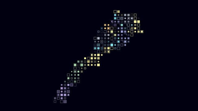 Morocco dotted animation. Shape of the country built of pulsating colored dots. Large size square blocks. Digital style map on a dark background. Awesome video.