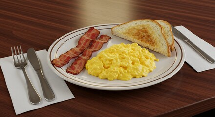 Golden Scrambled Eggs, Crispy Bacon, and Toasted Bread: A Classic Breakfast Delight