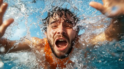 A powerful underwater shot capturing a man in a moment of struggle, evoking a sense of urgency and the primal instinct of survival in a water setting.