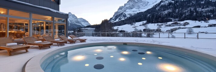 Luxury spa pool retreat in snow-capped mountains at dusk, ideal for relaxation and leisure.