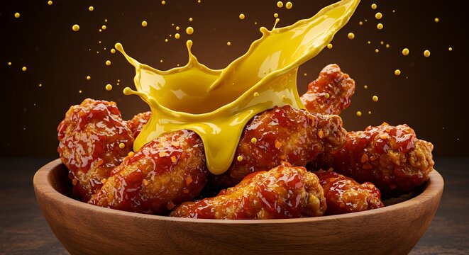 Golden Mustard Splashing Over Crispy, Saucy Chicken Wings