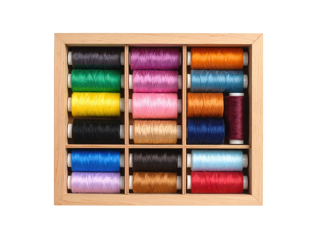 A wooden box neatly holds twelve colorful spools of thread arranged in a grid pattern.