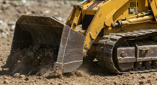 Bulldozer blade powerfully scoops earth and debris, demonstrating heavy construction machinery in action on an active work site.