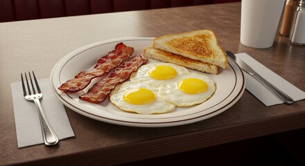 Classic Diner Breakfast: Sunny-Side Up Eggs, Crispy Bacon, and Toasted Bread
