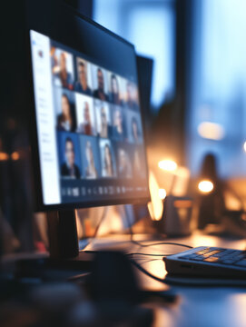 Blurred computer screen showing video conference at dusk in home office. Remote teamwork, digital communication and hybrid workspace