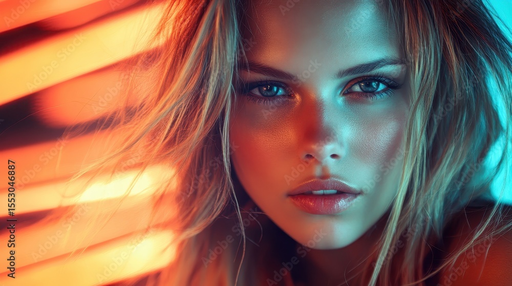 Poster this captivating portrait captures a woman's face bathed in colorful light, emphasizing her striking